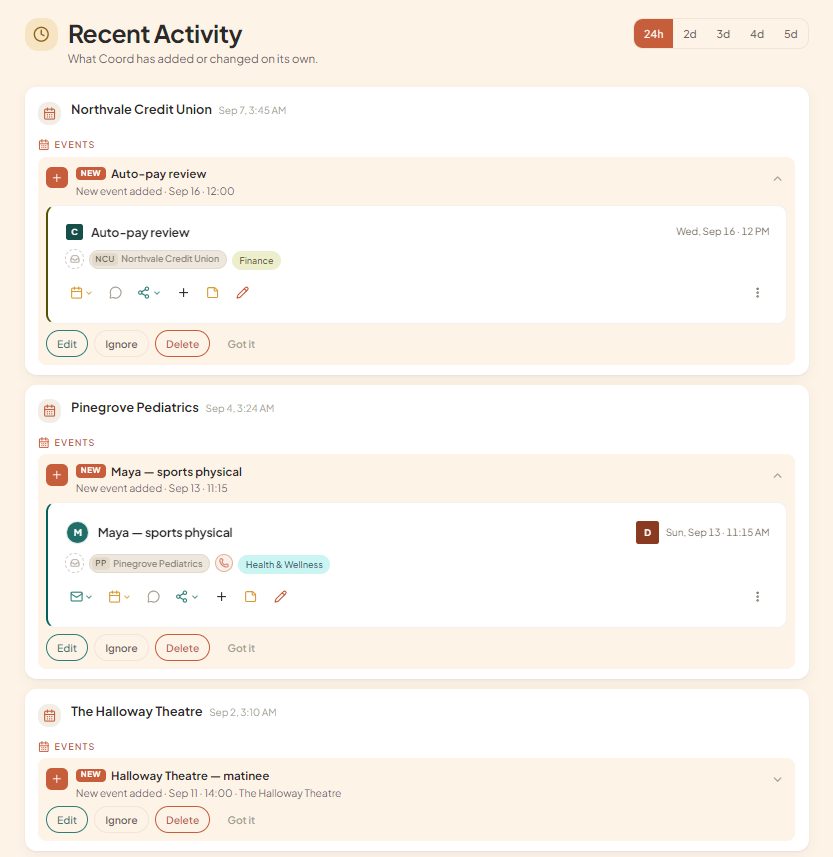 Recent Activity screen in Coord showing events Coord extracted from source emails