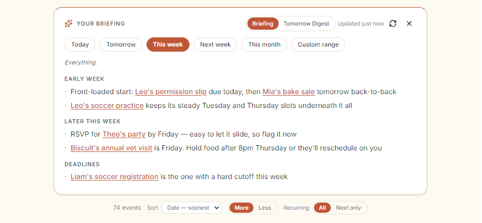 Coord daily briefing summarizing the week's deadlines, RSVPs, and recurring practices in plain language.