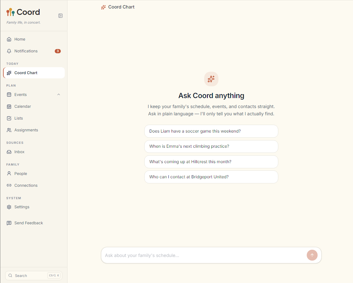 Coord Chart conversational view inviting the family to ask anything about their schedule, events, and contacts.