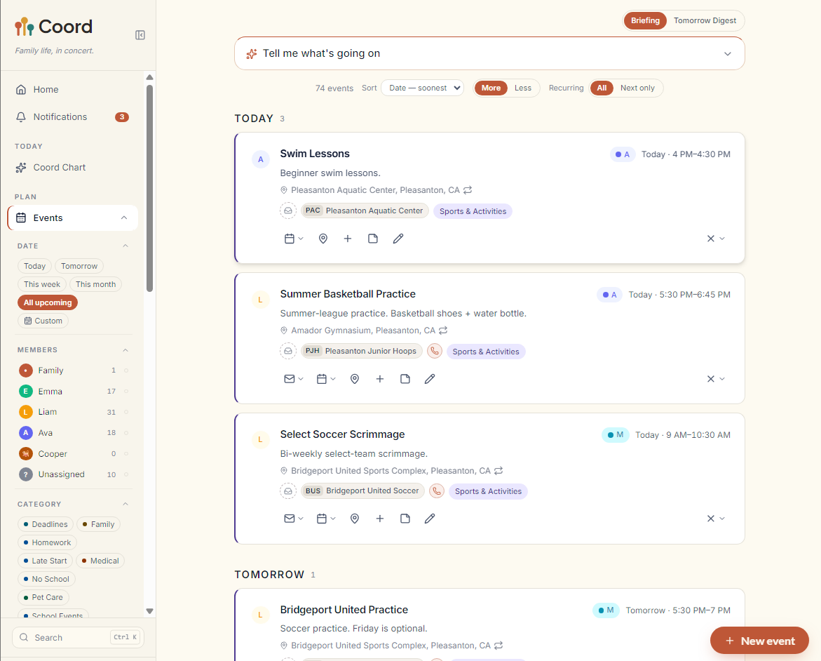 Coord event page showing event cards grouped by day with filters for kid, sender, and category.