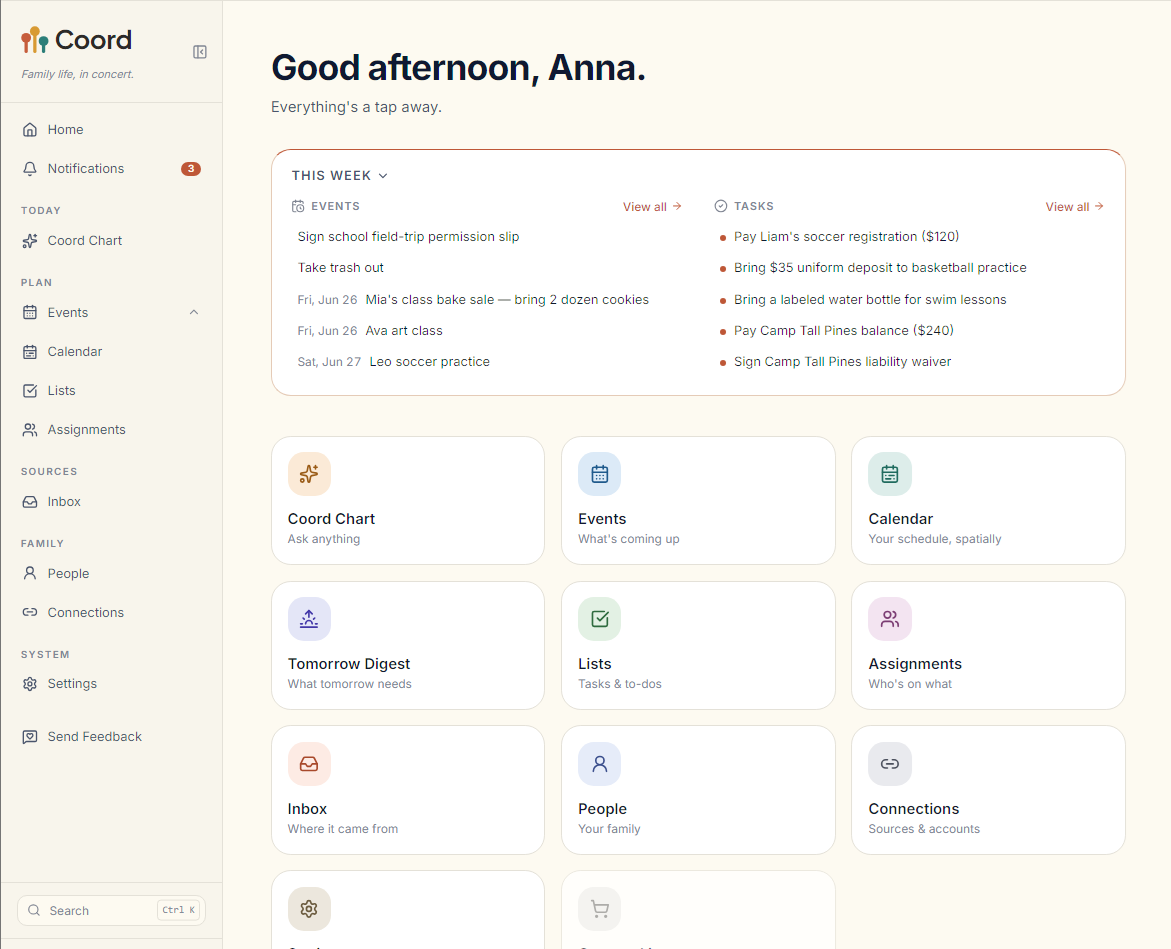 Coord home page showing this week's events and tasks, with quick-access cards for Coord Chart, Events, Calendar, Lists, Inbox and more.