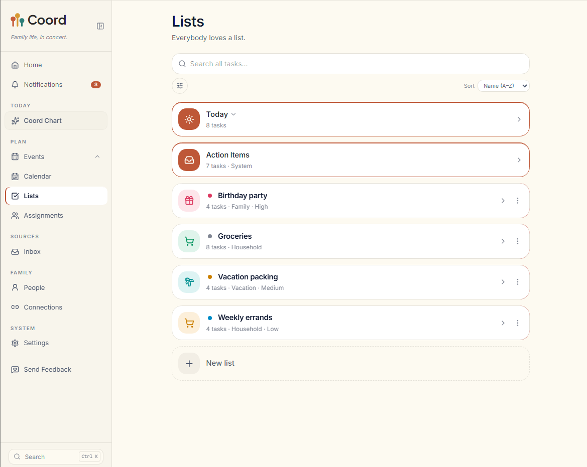 Coord lists view showing Today, Action Items, and family lists like Birthday party, Groceries, and Vacation packing.